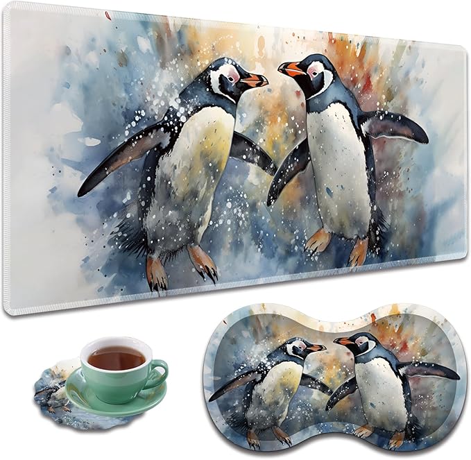 Large Gaming Mouse Pad + Mouse Wrist Rest Pad + Coaster Combination 31.5 x 11.8 Durable Non-Slip Extension Table Mat Suitable for Office and Home Watercolour Penguins