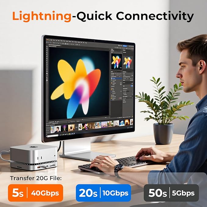 40G Mac mini M4 Dock &amp Stand with 8T NVMe SSD Enclosure 11-in-1 USB 4 Mac mini Hub with 2X USB-A 3.2 10Gbps USB-C 3.2 10Gbps SD/TF 4.0 65W Power Adapter 8K DP Video Interface 3.5mm Audio