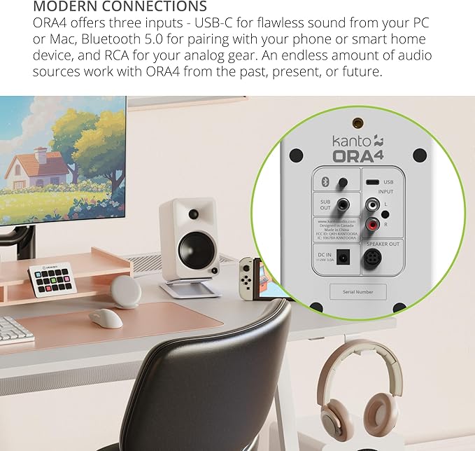 Kanto ORA4MW Pro Audio Bluetooth Desktop Speakers - Matte White Pair with a SUB8VMB Sealed Powered 8 Subwoofer - Vinyl Black (2024)