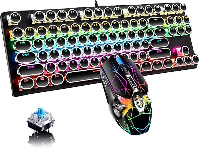 Retro Typewriter Mechanical Keyboard and Mouse Combo Black with Blue Switch and 9 True RGB Backlight Modes Cool Light Up for Gaming Work Mac PC Windows