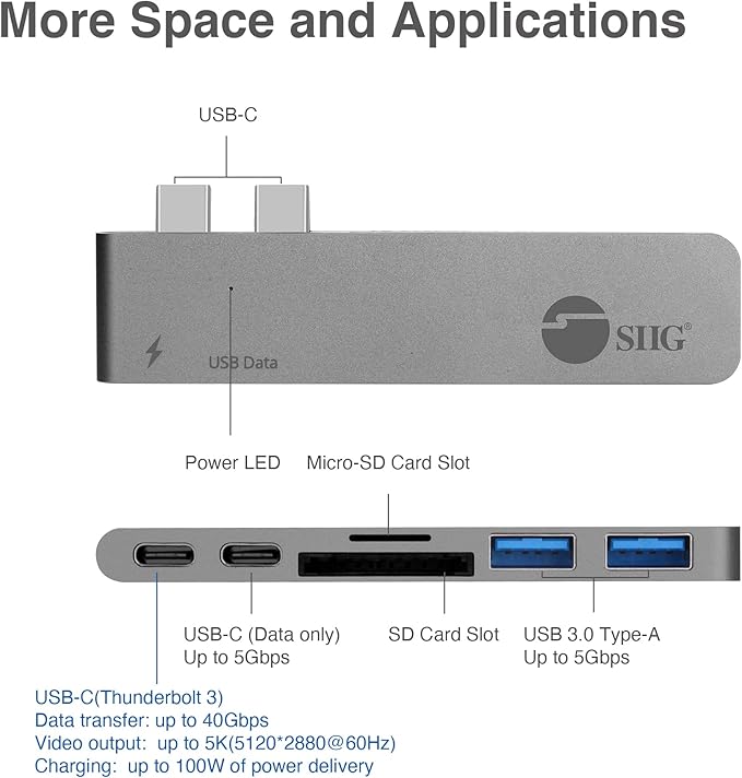 SIIG Thunderbolt 3 USB Type C Hub Adapter for 13 or 15 MacBook Pro - 5k Video Resolution 40Gbps Data Speed - USB C Data Port 2 USB 3.1 SD/Micro SD Card Reader Slot - Space Gray