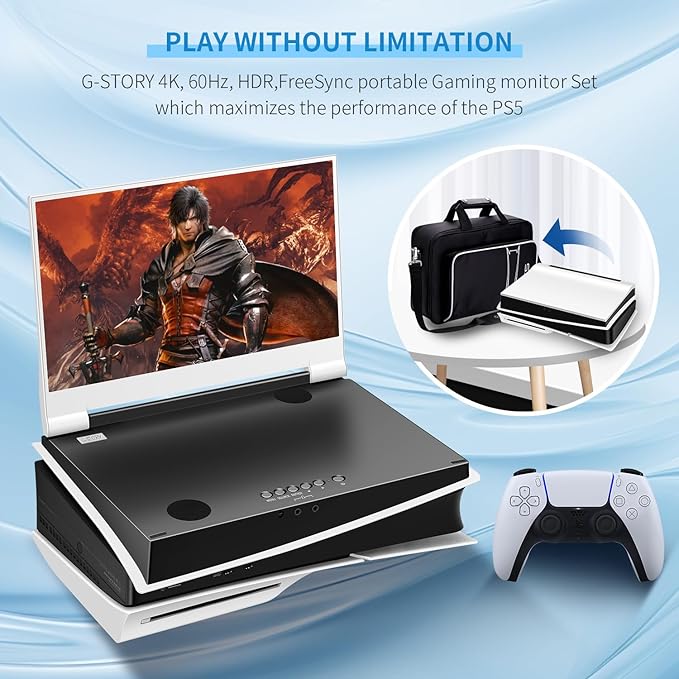 G-STORY 14 Inch IPS 4k 60Hz Portable Monitor Gaming Display Integrated with PS5 Slim(not Included) 3840×2160 with 2 HDMI PortsFreeSyncBuilt-in 2 of Multimedia Stereo Speaker