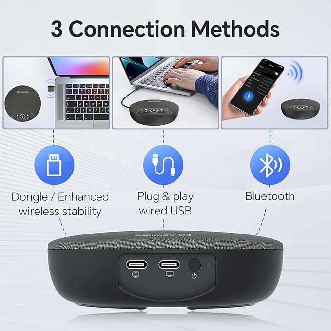 N newline USB Conference Microphone Speaker with Dongle Bluetooth Speakerphone 360° Voice Pickup 4 Mics Portable USB Speakerphone w/Noise Reduction for Home Office Meeting Teams Zoom NewPie 30