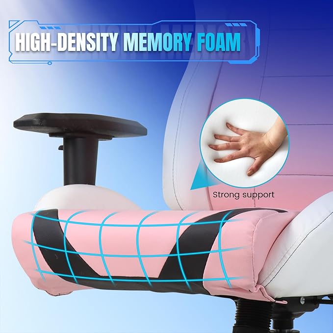DIKEP Gaming Chair Video Game Chair with Footrest Lumbar Support Headrest PU Leather High Back Computer Chair for Home Office Pink White