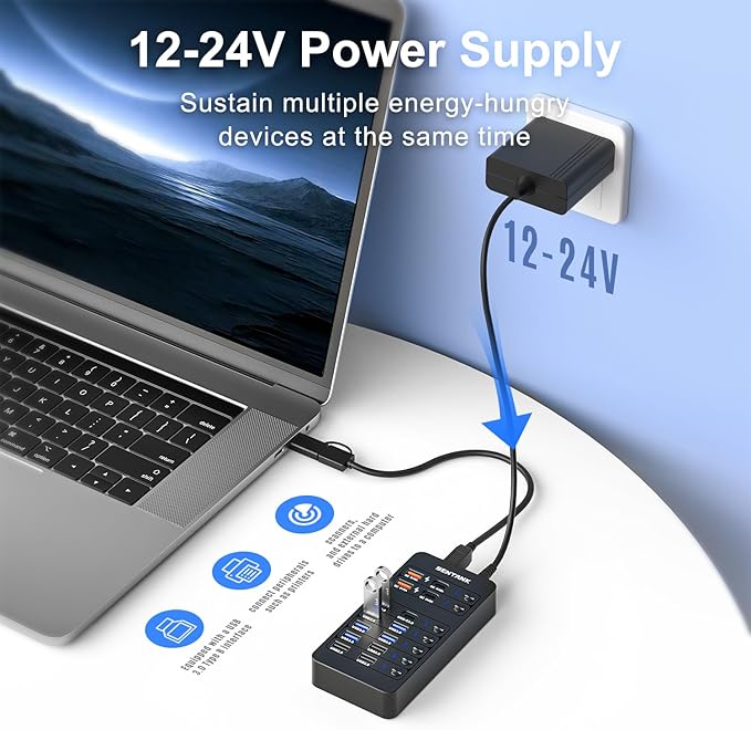 Powered USB Hub SENTANK 14 Port USB 3.0 Hub Splitter (6 USB 3.0 Data Ports + 4 Fast Charging Ports) with Independent LED On/Off Switch with 60W Power Adapter for Mac PC