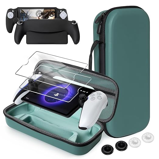 CoBak Hard Carrying Shell Case for PlayStation Portal Remote Player - with 2 Screen Protector 1 Grip Case 4 Thumb Grip Caps Hard Outer Cover for PS5 Portal Deep Green