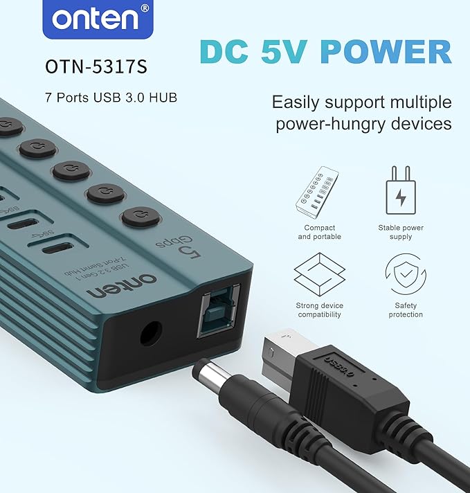 Onten OTN - 5317S 7 - Port USB 3.0 Hub 5Gbps High - Speed Data Transfer Independent Switches Wide Compatibility for Laptop Pad Phone Game Console