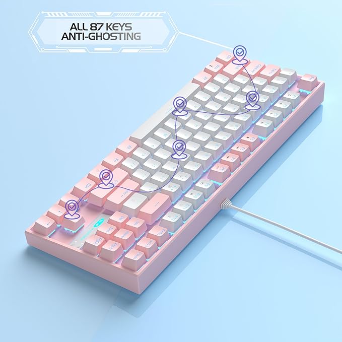 MageGee 75% Mechanical Gaming Keyboard Red Switch LED Blue Backlit 87 Keys Compact TKL Wired Computer Keyboards for Windows Laptop PC Gamer - White/Pink