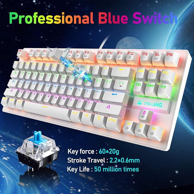 LexonElec K2 Mechanical Gaming KeyboardBlue Switch Mini 82 Keys Wired Rainbow LED Backlit KeyboardLightweight Gaming Mouse DPI Honeycomb Optical for MAC PC Gamers(White)