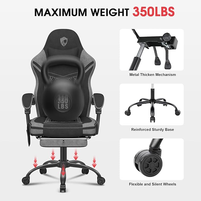 Gaming Chair Fabric Computer Chair with Massage Office Chair with Pocket Spring Widened Cushion High Back Ergonomic Chair with Footrest Lumbar Support Upgraded Metal Legs 350LBS (Grey)