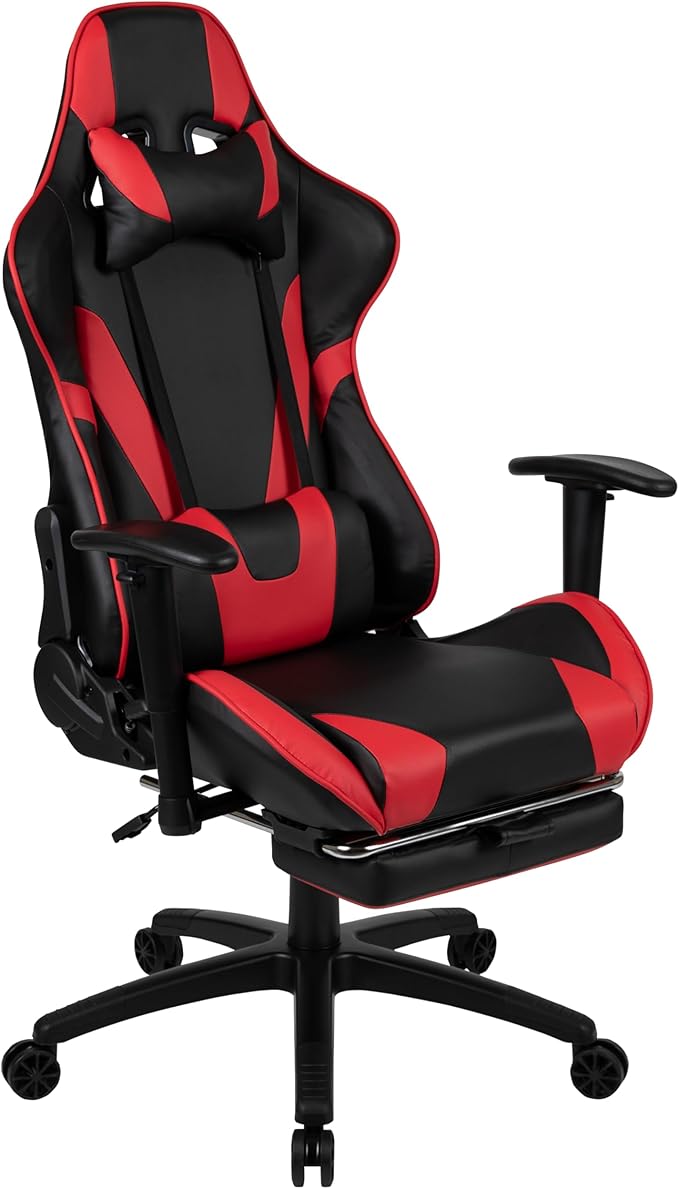 Flash Furniture Optis Black Gaming Desk and Red/Black Footrest Reclining Gaming Chair Set with Cup Holder Headphone Hook &amp 2 Wire Management Holes