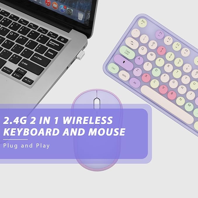Wireless Typewriter Keyboard and Mouse - Wireless Keyboard with Silent Mouse Cute Retro Keyboard Mouse Combo 2.4G USB Computer Keyboard and Mouse for Windows Laptop/Desktop/PC(Purple)