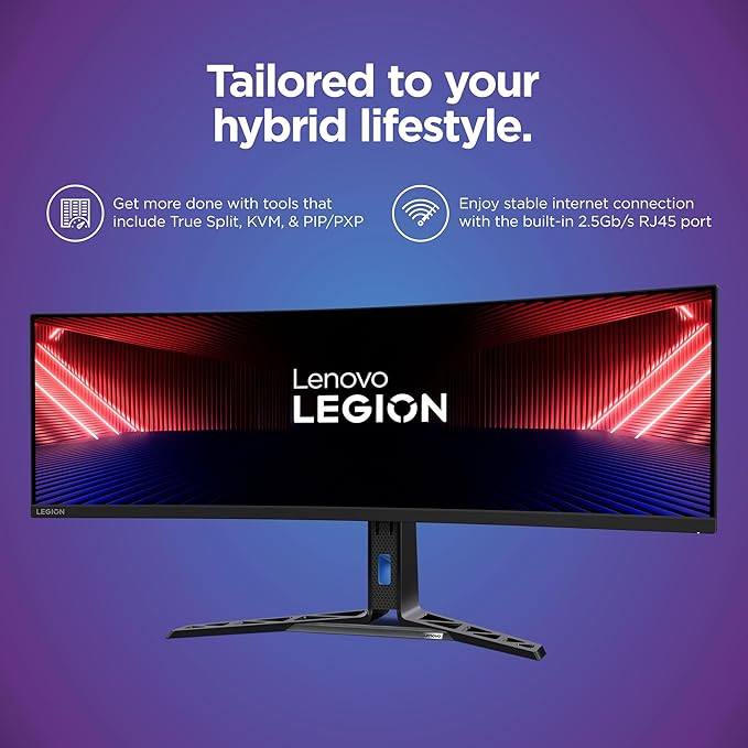 Lenovo Legion R45w-30 Gaming Monitor 44.5” 32:9 Curved DualQHD Resolution 170Hz Refresh 1ms MPRT AMD FreeSync Premium Pro HDR400 KVM USB-C RJ45 Lift/Tilt/Swivel Stand 450 nits Black