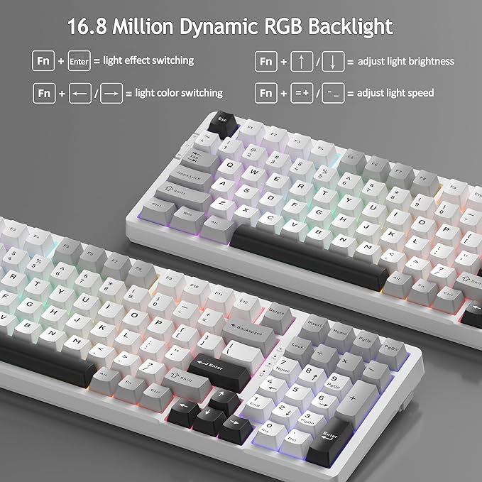 MageGee LIGHT100 Wireless Creamy Keyboard Gasket Structure Hot Swappable Tri-Mode 2.4G/USB-C/BT5.0 RGB Backlit Mechanical Gaming Keyboard for Win/Mac/PC PBT Keycap 4000mAh Battery Grey