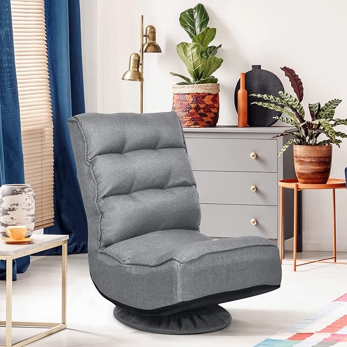 COSTWAY Folding Floor Chair Adjustable 5-Position Video Gaming Chair with 360 Degree Swivel Detachable Cover Padded Backrest Multipurpose Living Room Floor Lounger for TV Reading Playing (Grey)