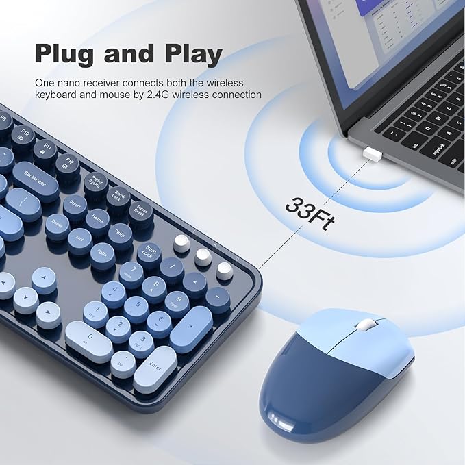 Wireless Keyboard and Mouse Combo MOWUX Full Size Typewriter Retro Round Computer Keyboard Cute Optical Mouse Wireless Plug and Play for Laptop PC Computer- Sea Blue Gradient