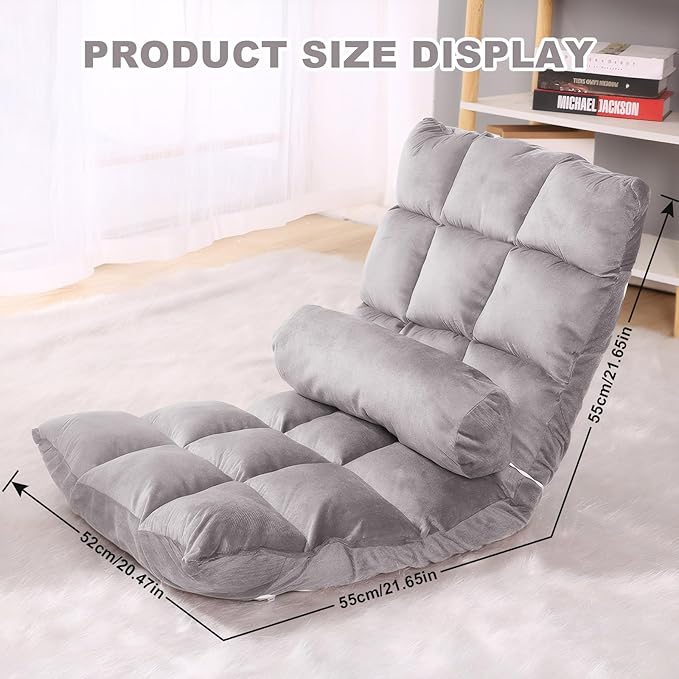 Folding Floor Chair 5-Position Cushioned Adjustable Lazy Sofa Foldable Floor Lounger for Adults Kids Gaming Reading Meditating (Gray)