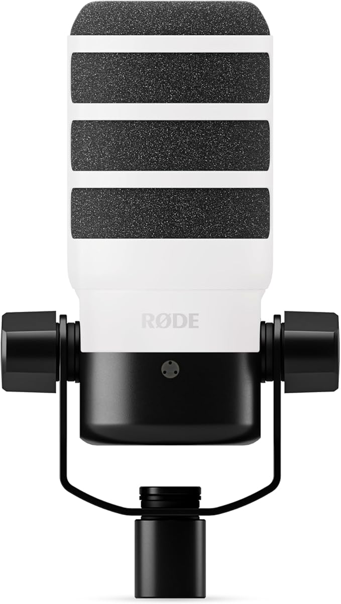 Rode PodMic Dynamic Broadcast Microphone with White PSA1+ Microphone Boom Arm White WS14 Pop Filter and Premium XLR Cable