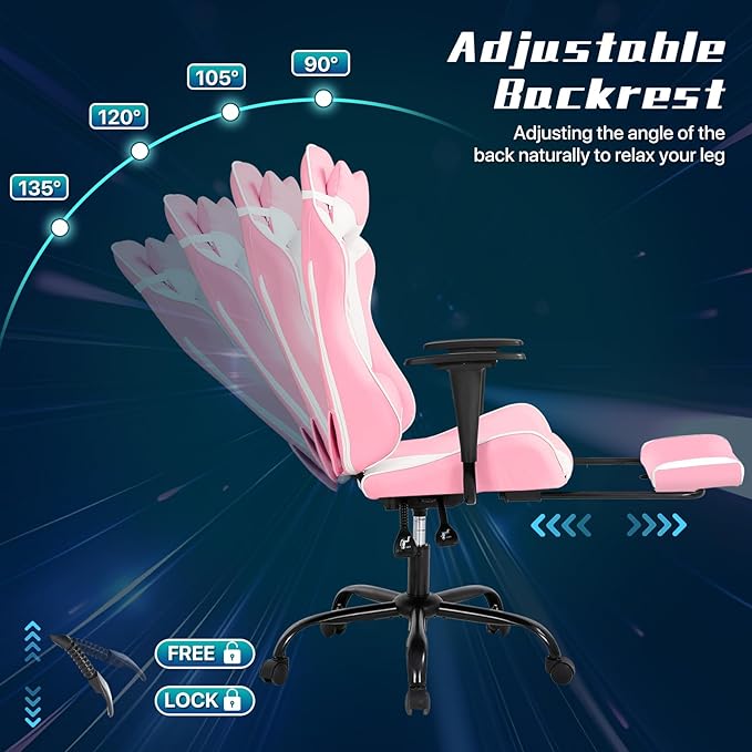 Ergonomic Gaming Chair with Footrest High Back PU Leather Office Desk Chair for Adults Teens Rolling Swivel Computer Chair (Pink)