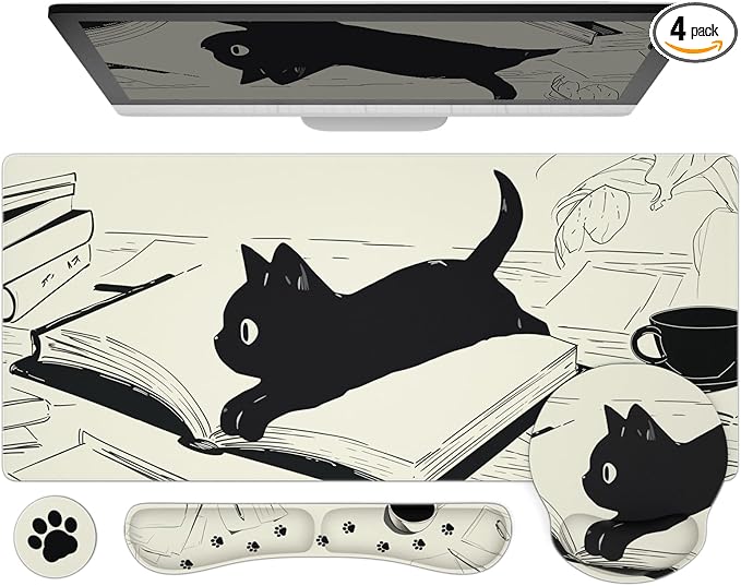 Ovenbird Mouse Pad Set 4-in-1 | Large Gaming Mousepad Keyboard Wrist Rest Mouse Wrist Support Coaster | Ergonomic Office Desk Mat Accessories for Women Men | 4PCS 35.4 x 15.7in Black Cat