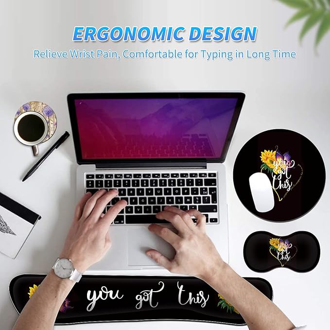 Keyboard Wrist Rest &amp Mouse Pad &amp Mouse Wrist Rest Support &amp Coaster Non Slip Rubber Base Wrist Support with Ergonomic Raised Memory Foam for Computer Laptop Home Office Butterfly Sunflo