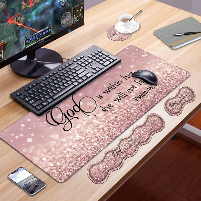 Ergonomic Keyboard Wrist Rest &amp Mouse Pad Wrist Rest Set Large XXL Gaming Desk Mat 31.5x 11.8 Non-Slip Base Memory Foam Easy Typing Pain Relief for Office &amp Home Quote Bible Verses Psal