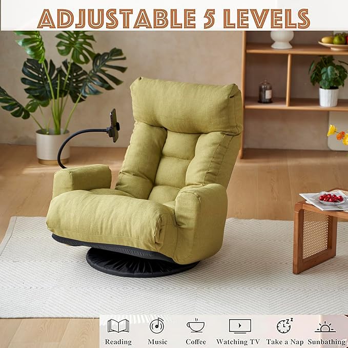 Floor Gaming Chair – 5-Position Adjustable 360° Swivel Folding Sofa Chair with Armrests Cushion-Padded Chaise Lounge for Teens &amp Adults (Green)