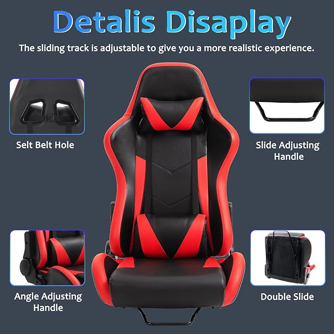 Racing Simulation Cockpit Adjustable Double Slide Gaming Seat Wear Resisting PU Leather Compatible with Simulator Mount Chair Ergonomic Red Bucket with Neck Pillow Lumbar
