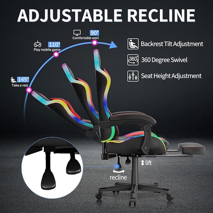 Gaming Chairs for Adults Tall and KidsLumbar SupportLED LightsHigh Back Reclining Computer Chair with Headrest (Black+Red)