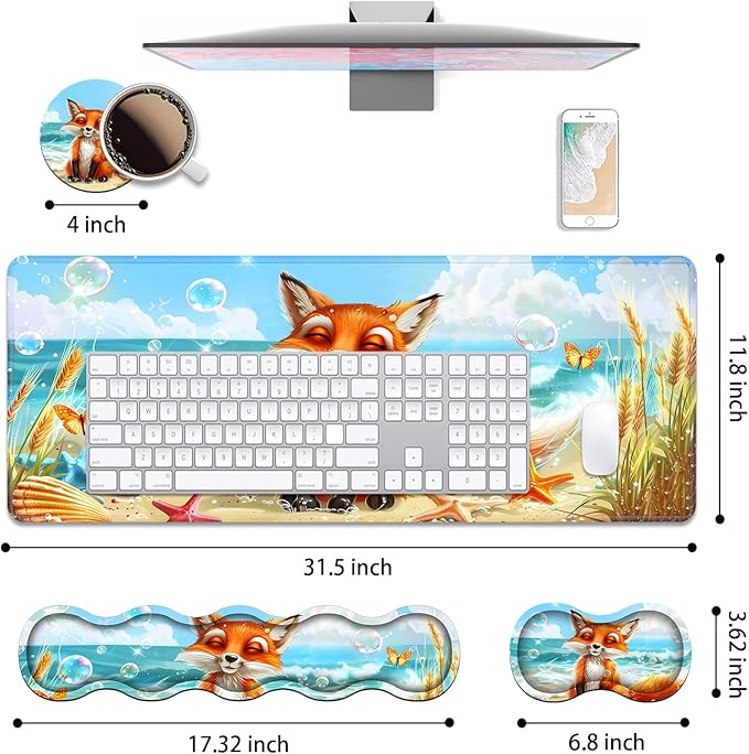4 in 1 Ergonomic Keyboard Wrist Rest &amp Mouse Pad Wrist Rest Set Large XXL Gaming Desk Mat 31.5x 11.8 with Non-Slip Base Memory Foam for Home Office Study Gaming Fox