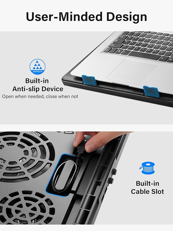 Kootek Laptop Cooling Pad Laptop Cooler with 5 Quiet Fans for 12-17 Computer PC Notebook Gaming Laptop Fan Height Adjustable Laptop Cooling Stand Laptop Accessories Blue