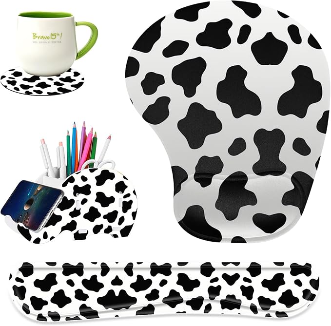 Keyboard Wrist Rest Pad Ergonomic Mouse Pad SetNon-Slip PU Base for Laptop Home Gaming OfficeMatching Elephant Pen Holder and Cup Coaster(Cute Cow Pattern)