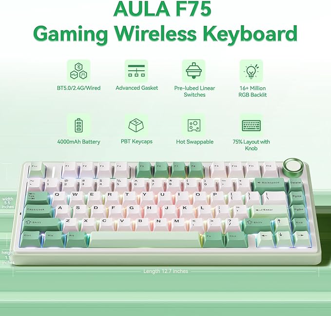 Aula F75 Gaming Keyboard 75% Wireless Keyboards RGB Backlit with Knob Tri-Mode Hot Swappable Mechanical Keyboard for PC Gamer - Green