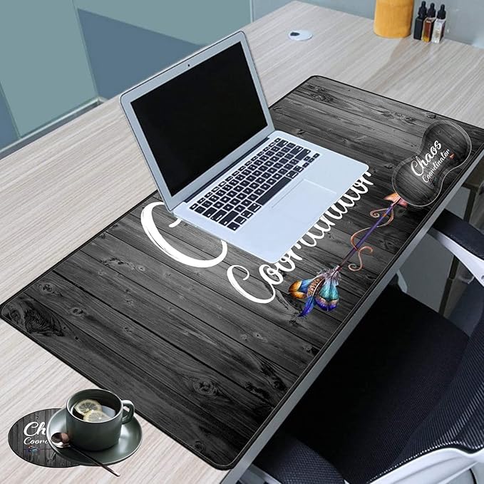 Large Game Mouse Pad + Wrist Support Pad + Coffee Coaster Quote Chaos Coordinator Foldable Table Mat with Stitched Edge Non-Slip Set Pad Suitable for Office Work and Home