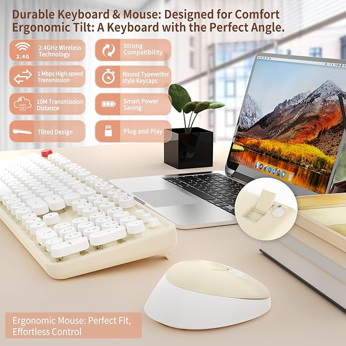 HotFox Wireless Keyboard and Mouse Combo Full-Size Retro Typewriter Keyboard with Round Keycaps Ergonomic Design for Windows PC Home and Office Use - Cream