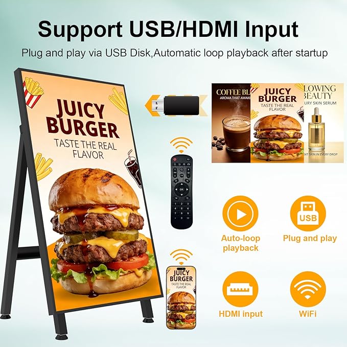 32 Digital Signage Display 700nits Portable Digital Signage Plug&ampPlay LCD Advertising Display CMS 24/7 Operation Split Screen HDMI/USB/WiFi/Android System Ideal for Restaurant/Cafe