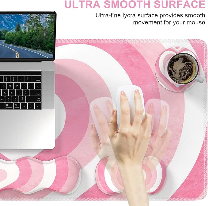 iLeadon Keyboard Mouse Pad Set Large Gaming Mouse Pad + Keyboard Wrist Rest + Mouse Pad with Wrist Support + Coaster Easy Typing Pain Relief Desk Mat Set Valentines Day present for Her Pink Heart