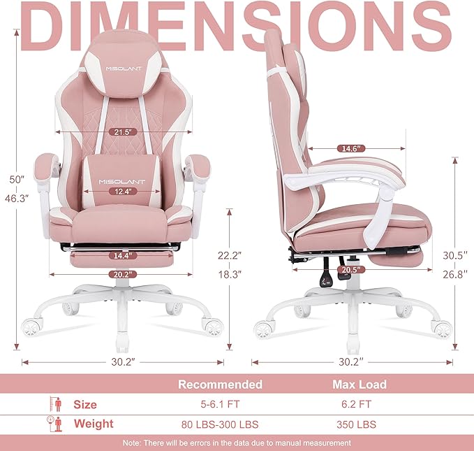 Misolant Gaming Chair Fabric Gamer Chair with footrest for Adults High Back Ergonomic Computer Game Chair with Adjustable Headrest and Massage Lumbar Support 90-155° Recline Free Pink