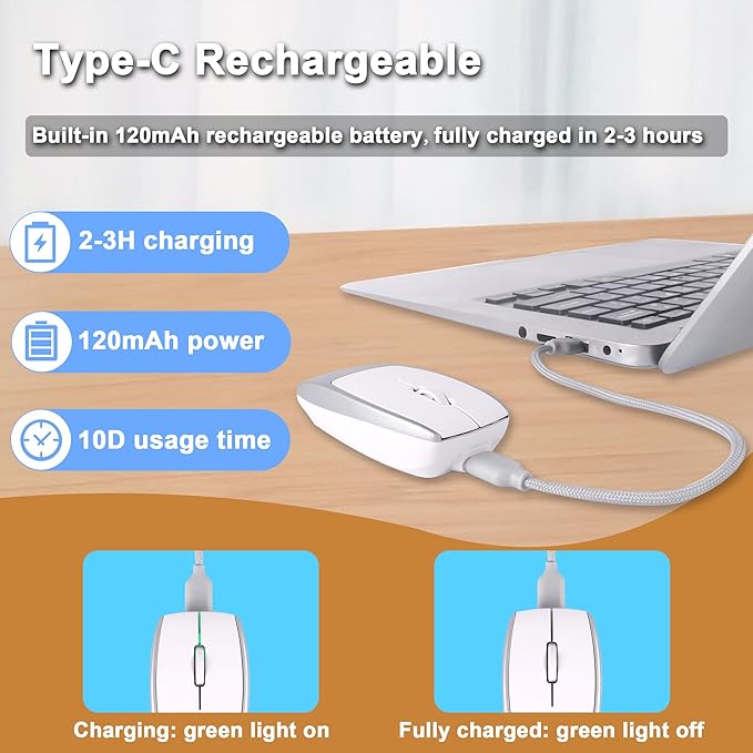 Bluetooth Mouse Rechargeable Portable Mini Computer Mice with TF Card Reader 3 Adjustable DPI Optical Lightweight Silent Wireless Mouse for Laptop Tablet Cell Phone Windows Mac OS Android iOS Silver