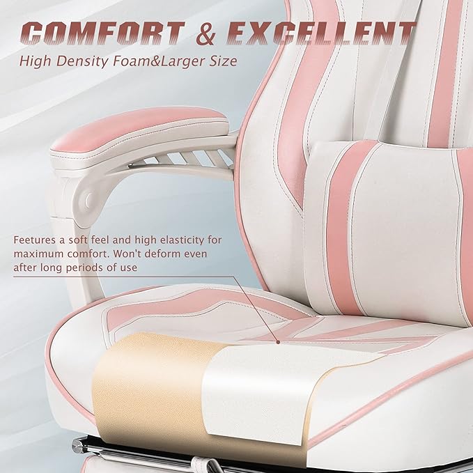 Vonesse Gaming Chair for Girls Pink Computer Gaming Chairs for Adults Reclining Gamer Chair with Footrest with Massage Ergonomic Home Office Chair High Back (White/Pink)