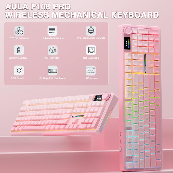 AULA F108 PRO - Wireless Mechanical Keyboard with Screen &amp KnobFull Size Keyboard with 8000mAh BatteryPre-lubed SwitchesSide Printed PBT KeycapsRGB Backlit Hot Swappable Custom Pink Keyboards