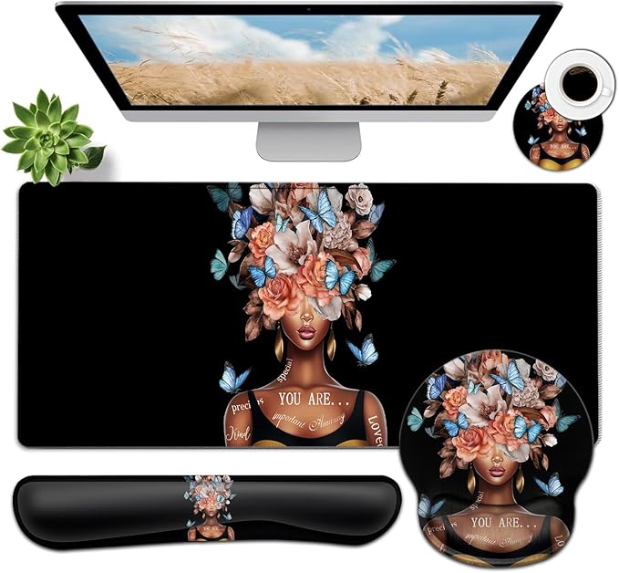 Large Mouse Pad Ergonomic Mouse Pad with Wrist Rest and Keyboard Wrist Rest 4 in 1 Set 31.5 x11.8 inch Extended Desk Pad for Home Office Flowers + African American Woman Black Gaming Mouse Mat