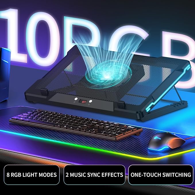 DEPGI Laptop Cooling Pad Laptop Cooler Stand with 5.5 Movable Fan Easy to Clean 10 RGB Light Modes Auto Temp Sensor &amp 3-Speed Manual Control Ultra Quiet ≤40dB for 14–17.3 Inch Laptops