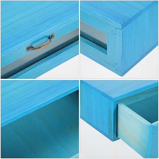 DOITOOL Wooden Monitor Stand with Pull Out Storage Drawer for Desk Organization Rustic Computer Monitor Riser Suitable for Home and Office Single Drawer Mediterranean Blue