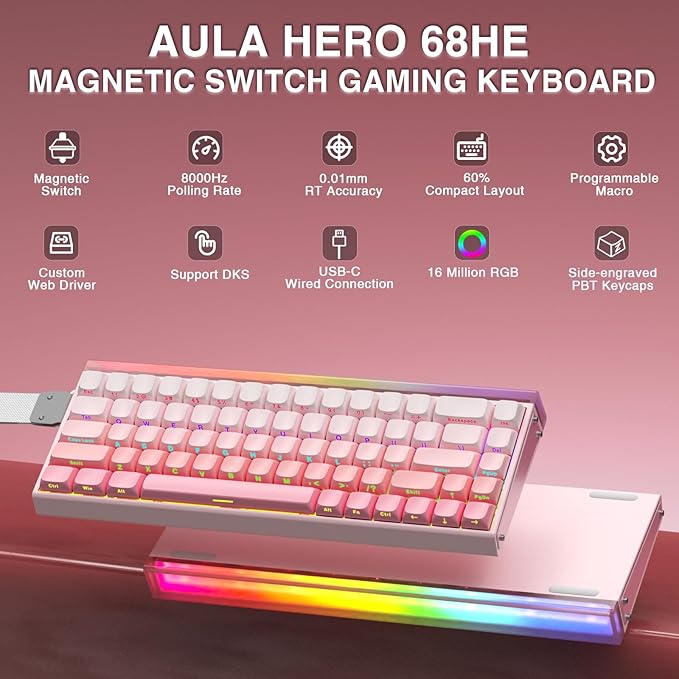 AULA Hero 68 HE 60% Wired Gaming Keyboard Hall Effect Magnetic Switch Keyboard with Adjustable Actuation Fast Trigger Mode 8K Hz Polling Rate 0.125ms LatencyRGB Backlit Side Printed PBT Keycaps
