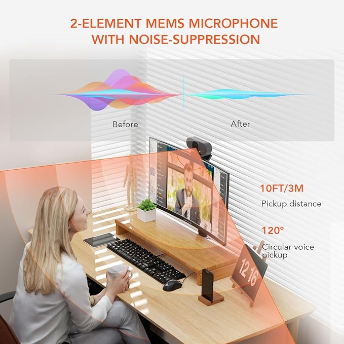 NUROUM V15AF 2K Webcam for PC 1080P 60fps Autofocus HD Webcam with Dual Noise Cancelling Microphone 75° FOV&ampLight Correction USB Web Camera Plug&ampPlay for Zoom/TeamsGrey