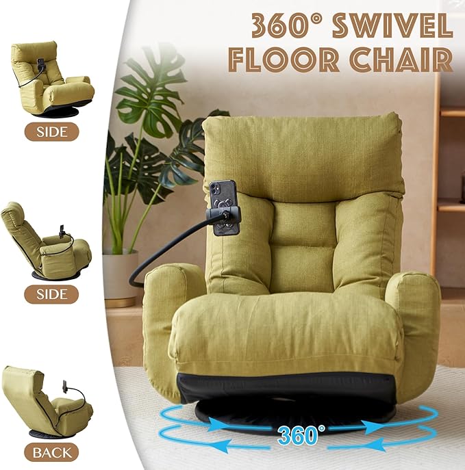 Floor Chair with Back Support Swivel Gaming Chair with 5 Adjustable Position Meditation Chair with Phone Holder Linen Indoor Lounge Chair for Lazy Boys Living Room Bedroom Lounge Green