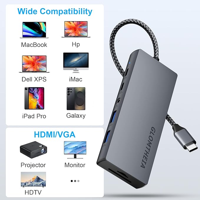 Laptop Docking Station10-in-1 USB C Hub 4K Dual HDMI Monitors Adapter Powered Hub with 100W PD VGA 2xUSB-A 3.0 USB-C Data Port SD/TF Reader 3.5mm Audio USB Hub for MacBook Pro XPS