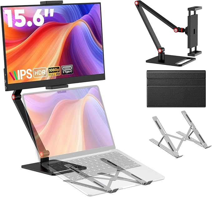 15.6” Portable Monitor with Adjustable Stand 1080P FHD IPS Screen Extender Laptop Stand &amp Smart Cover Included Ultra Slim Travel Monitor with Eye Protection Plug and Play for Laptop/PC/Mac