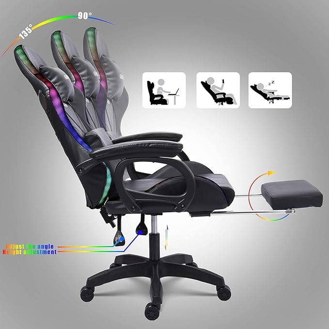 Video Gaming Chair with FootrestGame Chair with Bluetooth SpeakersComputer Chair with LED LightsErgonomic Massage Gaming Chair with Massage Function360°Swivel 90°-135° Adjustment Backrest (Black)